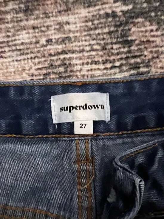 superdown Distressed Dark Blue High-Rise Denim Shorts with Button Fly - Picture 2 of 3